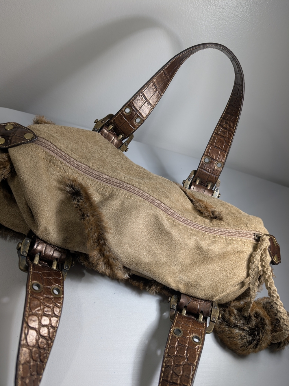 Franco Sarto Beige Suede Shoulder Bag Brown Faux Fur Croc Emboss Strap & Bottom - Picture 4 of 10